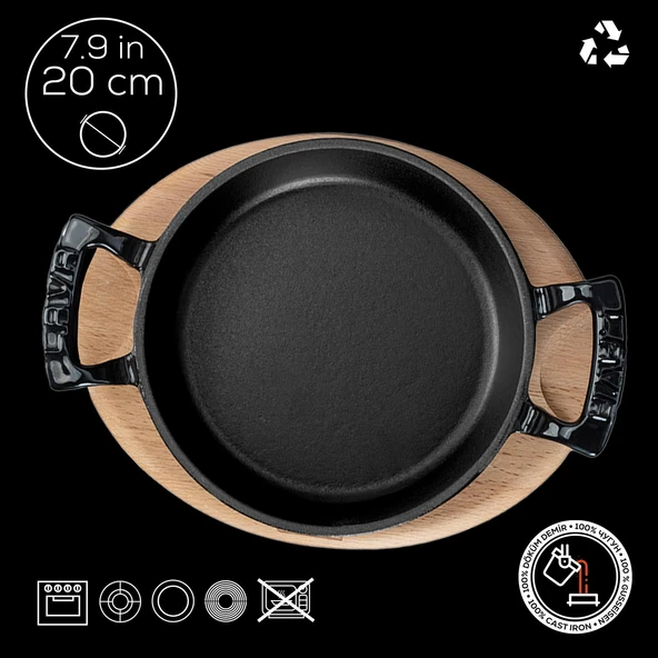 Lava Döküm Yuvarlak Sahan Döküm Demir Yekpare Çift Kulplu Kayın Servis Ahşabı. Çap(Ø)20cm.  Siyah - Resim 4