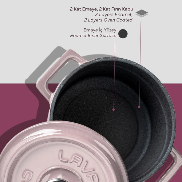 Lava Döküm Yuvarlak Tencere. Trendy Çap(Ø) 12cm.  Pembe - Resim 7