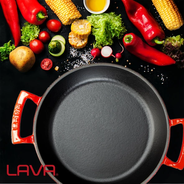 Lava Döküm Yuvarlak Sahan Döküm Demir Yekpare Çift Kulplu Çap(Ø)24cm.  Kırmızı - 7