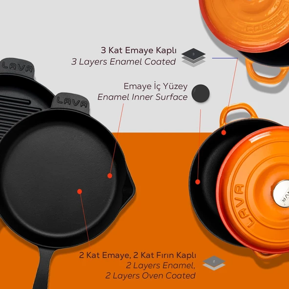 Lava Döküm 4X New Heritage Serisi Döküm Demir Tencere Tava Çeyiz Seti  Turuncu - Resim 6
