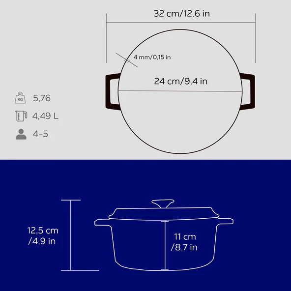 Lava Döküm Yuvarlak Tencere. Trendy Çap(Ø) 24cm.  Mavi - Resim 5