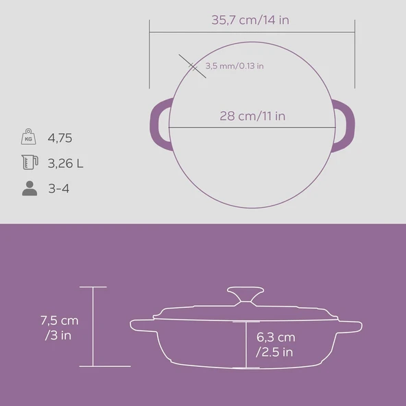Lava Döküm Yuvarlak Çok Amaçlı Yayvan Tencere New Heritage Serisi Çap(Ø)28cm.  Mor - Resim 5