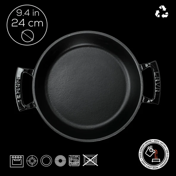 Lava Döküm Yuvarlak Sahan Döküm Demir Yekpare Çift Kulplu Çap(Ø)24cm.  Siyah - Resim 4