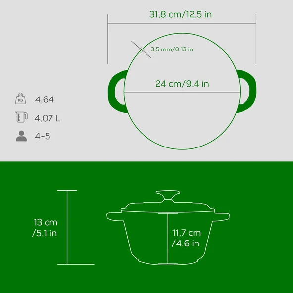 Lava Döküm Yuvarlak Tencere Döküm Demir Kapak New Heritage Serisi Çap(Ø)24cm.  Yeşil - 5