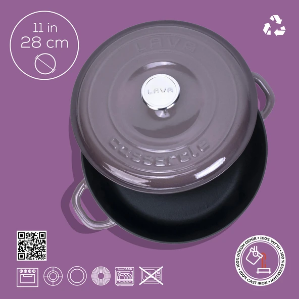 Lava Döküm Yuvarlak Çok Amaçlı Yayvan Tencere New Heritage Serisi Çap(Ø)28cm.  Mor - Resim 4