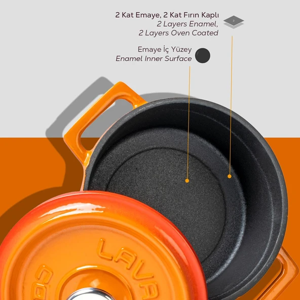 Lava Döküm Yuvarlak Tencere. Trendy Çap(Ø) 12cm.  Turuncu - Resim 5