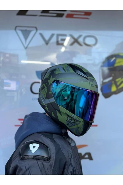 LS2 Rapıd 2 Thunder Bırds Mat Yeşil-siyah-gri Kask - Gökkuşağı Vizör - Spoiler - Resim 4