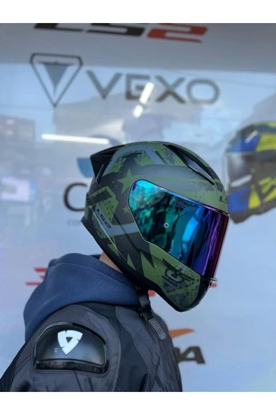 LS2 Rapıd 2 Thunder Bırds Mat Yeşil-siyah-gri Kask - Gökkuşağı Vizör - Spoiler - Resim 3