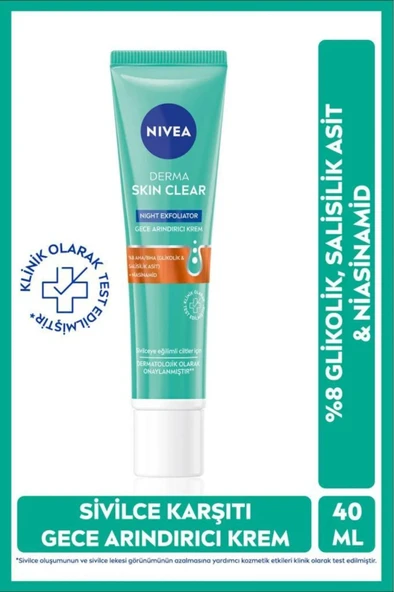 NIVEA Derma Skin Clear Exfoliator Gece Arındırıcı Krem 40ml, Sivilce Karşıtı, Niasinamid, Yağlı Ciltler - 1