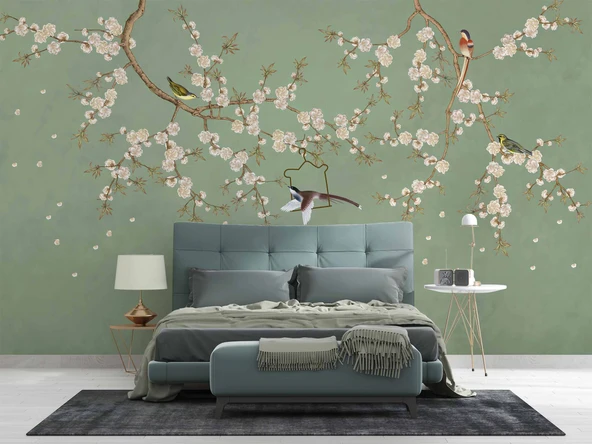 Soft Çiçek ve Kuş Duvar Kağıdı - Resim 2