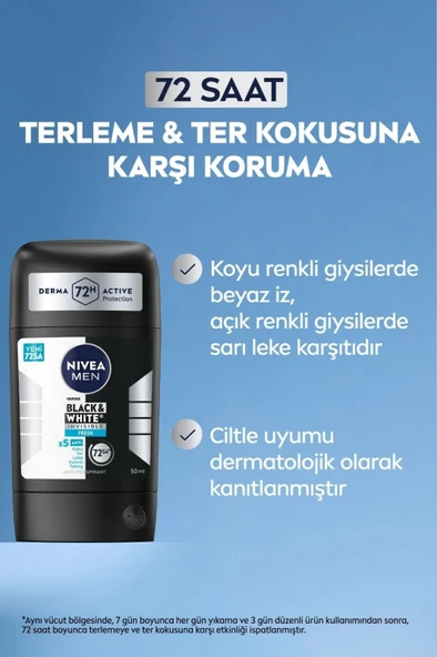 NIVEA MEN Erkek Stick Deodorant Black&White Invisible Fresh 50ml, 72 Saat Anti-perspirant Ter Koruması - Resim 3