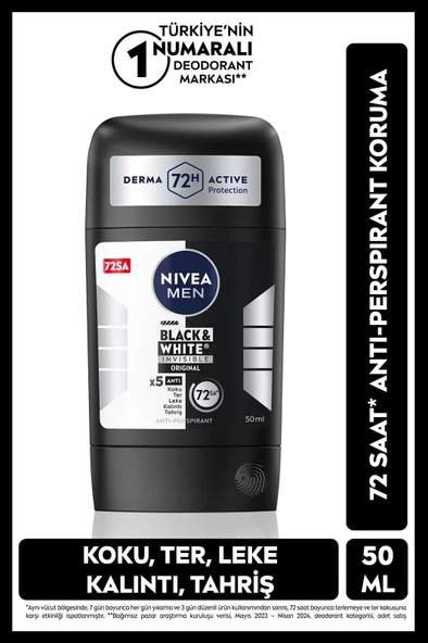 NIVEA MEN Erkek Stick Deodorant Black&white Invisible Original 50ml, 72 Saat Anti-perspirant Ter Koruması - 1