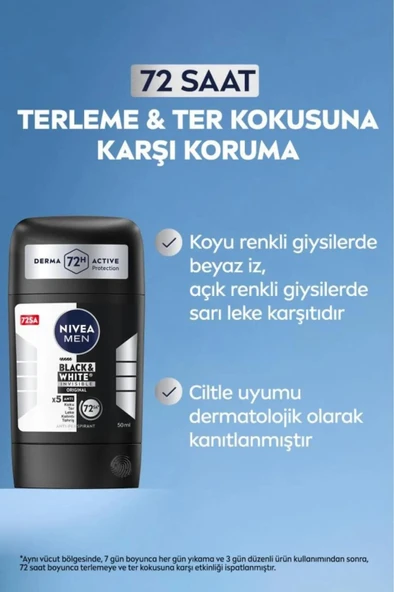 NIVEA MEN Erkek Stick Deodorant Black&white Invisible Original 50ml, 72 Saat Anti-perspirant Ter Koruması - 3
