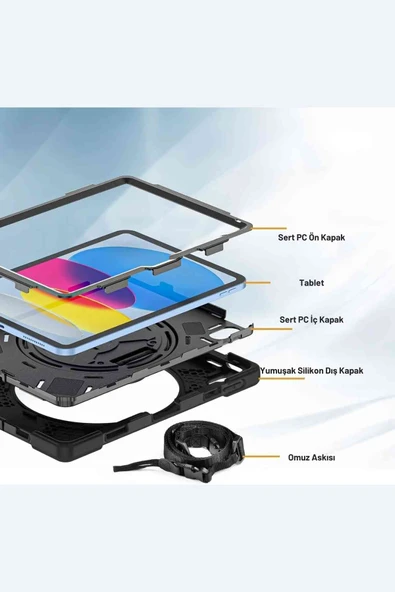 iPad 11. Nesil 2025 A16 Çip Uyumlu Defender Askılı 360° Dönebilir Standlı Zırh Tablet Kılıfı - Resim 3