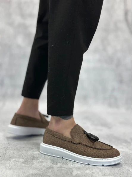 Pabucmarketi Bağcıksız Keten Püsküllü Erkek Ayakkabı KAHVE (BEYAZ TABAN) - Resim 3