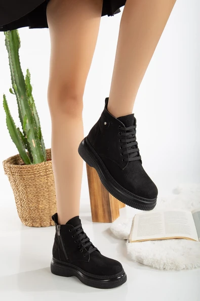 Pabucmarketi Siyah Süet Bağcıklı Kadın Bot - Resim 2