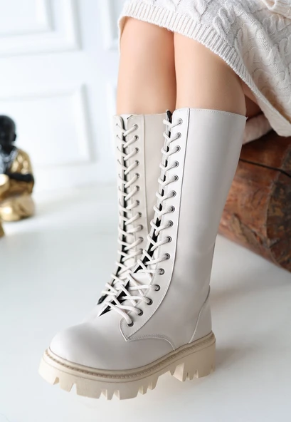 Pabucmarketi Kadın Bej Suni Deri Bağcıklı Çizme - 3