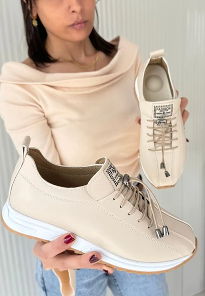 Pabucmarketi Bej Suni Deri Bağcıklı Kadın Sneaker Ayakkabı