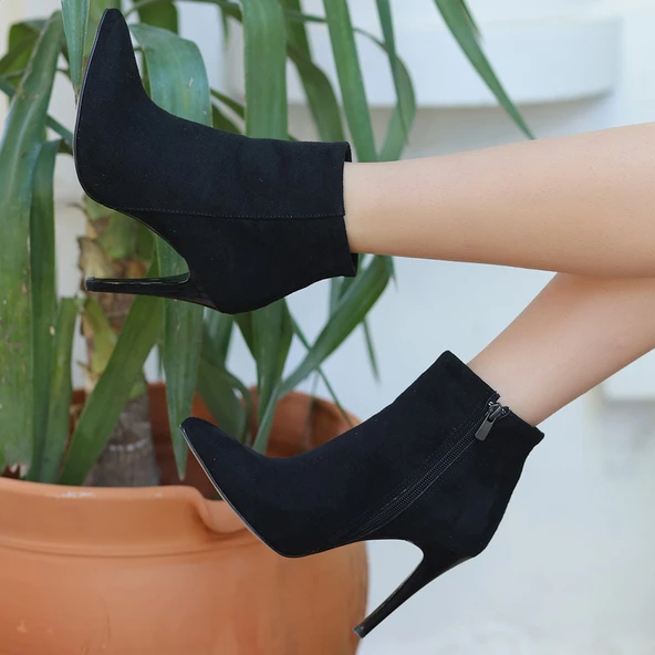 Pabucmarketi Siyah Süet Topuklu Kadın Bot - Resim 5