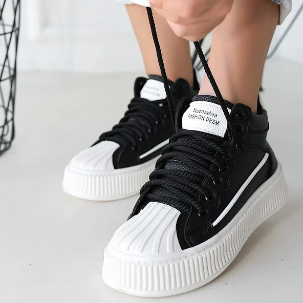 Pabucmarketi Siyah Suni Deri Bağcıklı Kadın Sneaker Kadın Ayakkabı - Resim 3