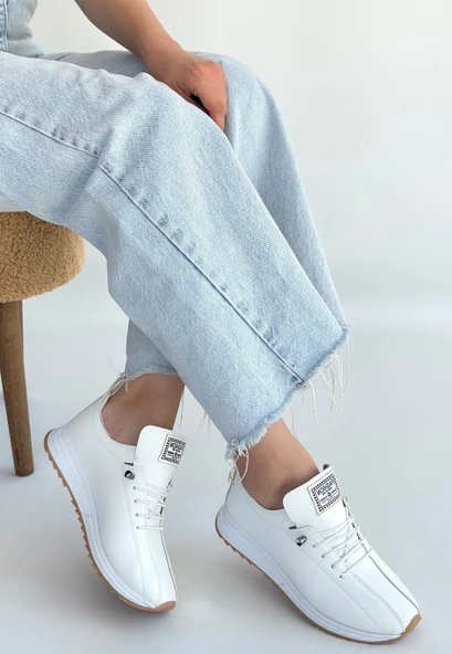 Pabucmarketi Beyaz Suni Deri Bağcıklı Kadın Sneaker Ayakkabı - 3