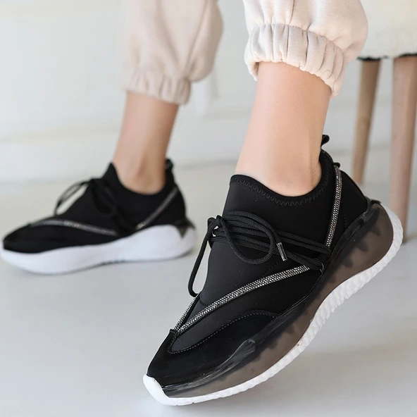 Pabucmarketi Siyah Rugan Bağcıklı Kadın Sneaker Ayakkabı - Resim 4