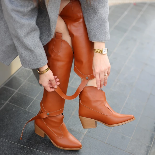 Pabucmarketi Kadın Taba Suni Deri Tak Çıkar Topuklu Bot Ve Çizme - Resim 5