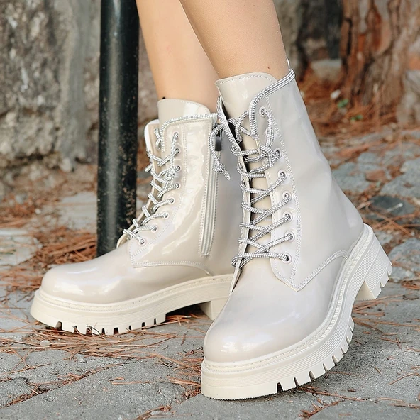 Pabucmarketi Bej Rugan Bağcıklı Kadın Bot - Resim 4