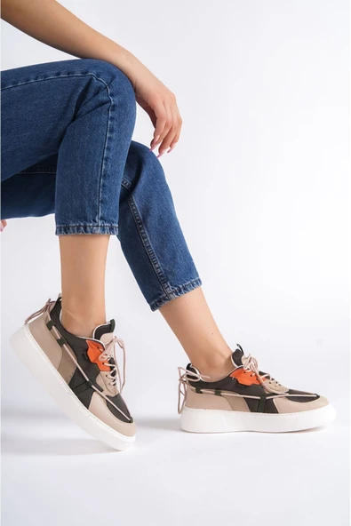 Pabucmarketi Nut Nude Süet Yeşil Detaylı Bağcıklı Sneaker Kadın Ayakkabı