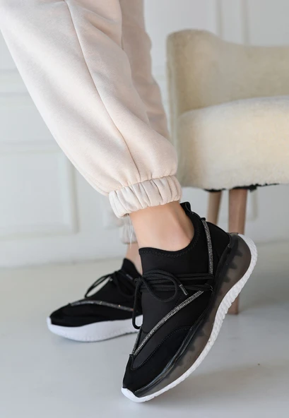 Pabucmarketi Siyah Rugan Bağcıklı Kadın Sneaker Ayakkabı - Resim 3