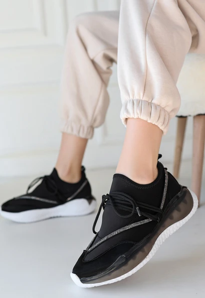Pabucmarketi Siyah Rugan Bağcıklı Kadın Sneaker Ayakkabı - Resim 2