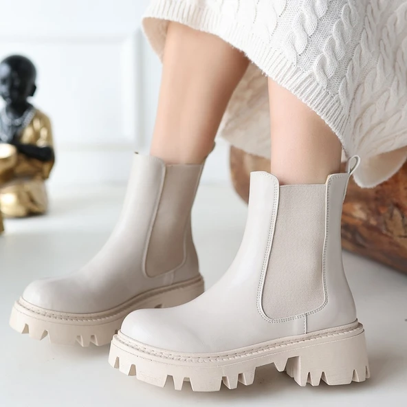 Pabucmarketi Bej Suni Deri Chelsea Kadın Bot - Resim 4