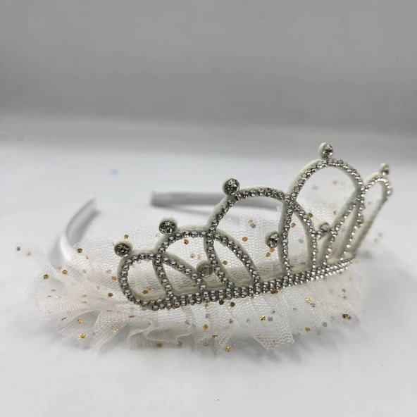 Prenses Tüllü Taşlı Taç Beyaz ürün görseli 1