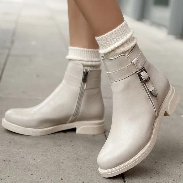 Pabucmarketi Bej Suni Deri Topuklu Kadın Bot - Resim 4