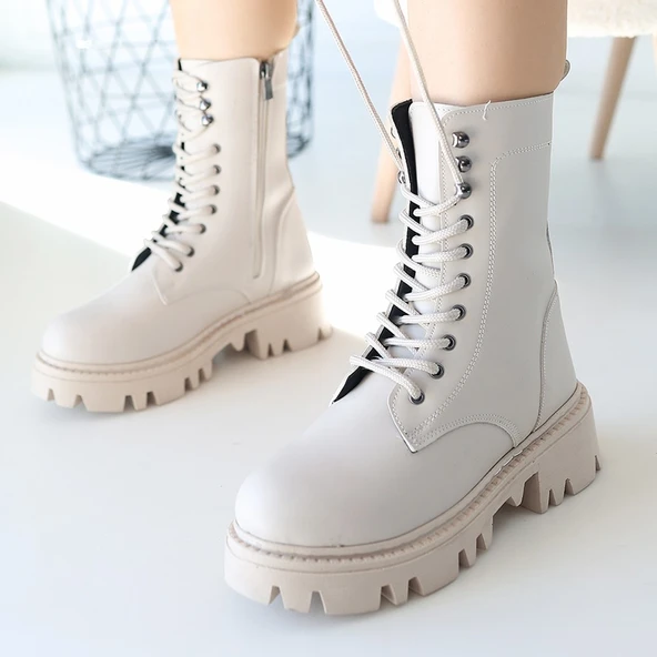 Pabucmarketi Bej Suni Deri Bağcıklı Kadın Bot - Resim 4