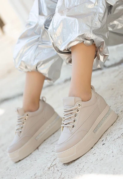 Pabucmarketi Bej Suni Deri Bağcıklı Kadın Sneaker Ayakkabı - Resim 2