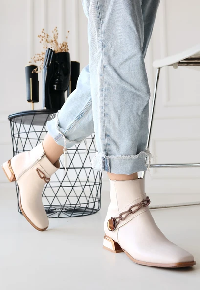 Pabucmarketi Bej Suni Deri Topuklu Kadın Bot - 2