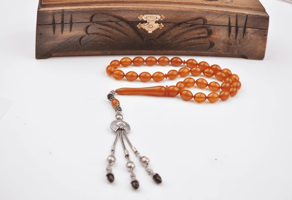 925 Ayar Gümüş Püsküllü Ateş Kehribar Tesbih ürün görseli 1