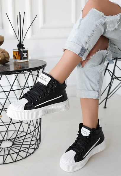 Pabucmarketi Siyah Suni Deri Bağcıklı Kadın Sneaker Kadın Ayakkabı - Resim 2