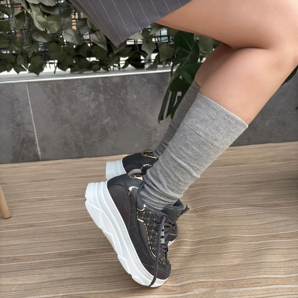 Pabucmarketi Gri Suni Deri Bağcıklı Kadın Sneaker Ayakkabı - 4