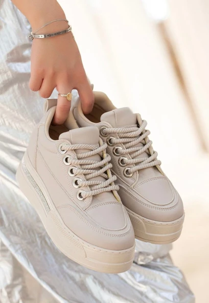 Pabucmarketi Bej Suni Deri Bağcıklı Kadın Sneaker Ayakkabı - Resim 3