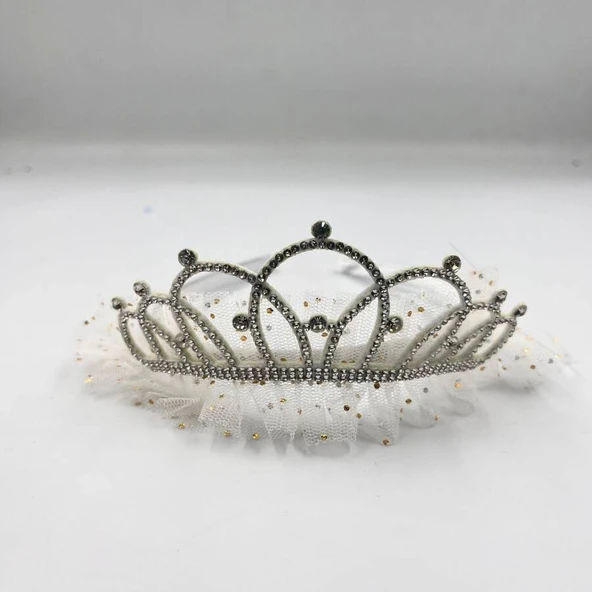 Prenses Tüllü Taşlı Taç Beyaz - Resim 2