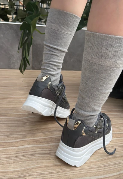 Pabucmarketi Gri Suni Deri Bağcıklı Kadın Sneaker Ayakkabı - 3