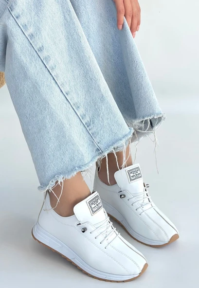 Pabucmarketi Beyaz Suni Deri Bağcıklı Kadın Sneaker Ayakkabı - 2