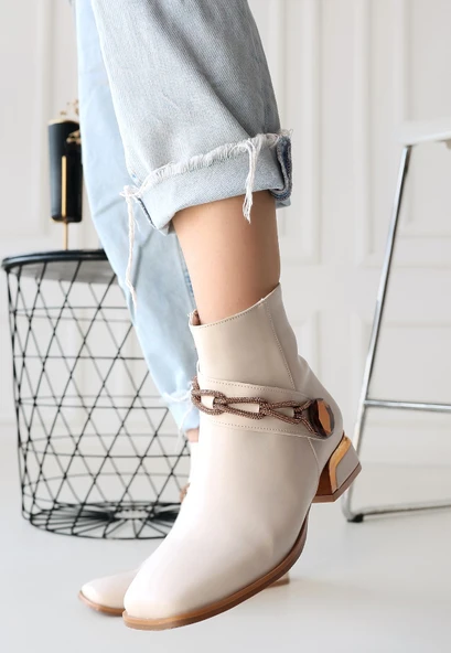 Pabucmarketi Bej Suni Deri Topuklu Kadın Bot - 3