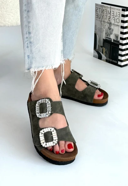 Pabucmarketi Kadın Yeşil Nubuk Suni Deri Terlik - 3