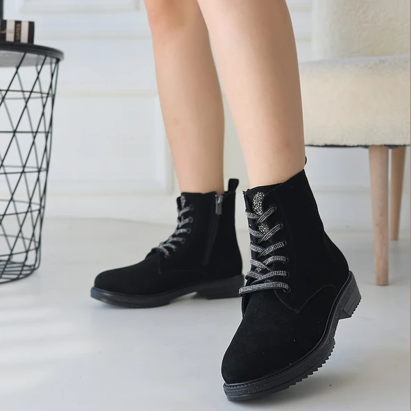 Pabucmarketi Siyah Süet Bağcıklı Kadın Bot - Resim 4