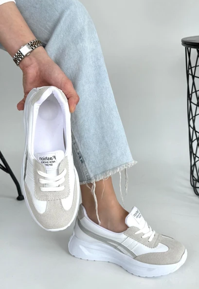 Pabucmarketi Beyaz Suni Deri Gri Detaylı Kadın Spor Ayakkabı - Resim 2