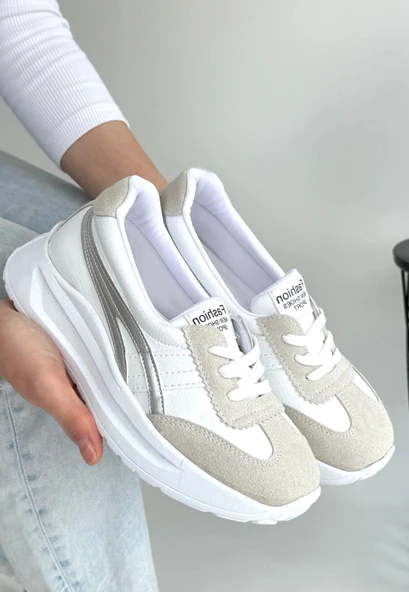 Pabucmarketi Beyaz Suni Deri Gri Detaylı Kadın Spor Ayakkabı ürün görseli