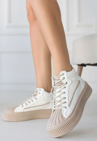 Pabucmarketi Beyaz Suni Deri Vizon Detaylı Bağcıklı Sneaker Kadın Ayakkabı